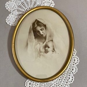 Antique 1899 Madonna And Child Knaffl Bros Art Print In Original Gold Oval Frame